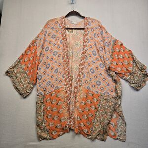 Free People Batik Patchwork Kimono Cardigan Swim Cover-Up OS Boho Floral Orange
